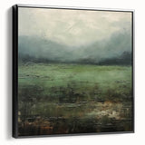 Framed canvas wall art showcasing an abstract landscape design in muted earth tones, highlighted by a sleek black frame, ideal for modern home decor.