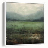 Framed canvas wall art showcasing an abstract landscape with soft hues of blue and white, ideal for modern home decor. The side view highlights the elegant frame that enhances its contemporary aesthetic. Perfect for living rooms or galleries.