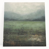 Abstract landscape wall art on stretched canvas, featuring vibrant colors and dynamic shapes, leaning against a neutral wall, ideal for modern home decor.