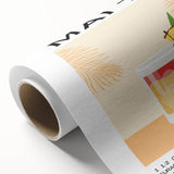 Art deco poster of assorted fruit in muted earth tones on rolled canvas, ideal for nursery wall art or dining room.