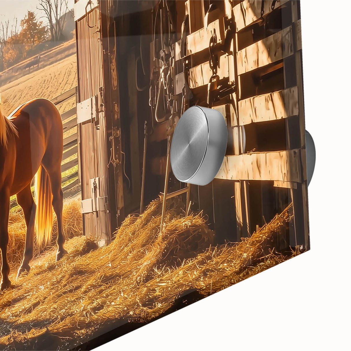 Close-up of a vibrant landscape barn acrylic glass artwork showcasing rich colors and intricate details, perfect for enhancing home decor with a rustic charm.