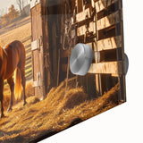 Close-up of a vibrant landscape barn acrylic glass artwork showcasing rich colors and intricate details, perfect for enhancing home decor with a rustic charm.