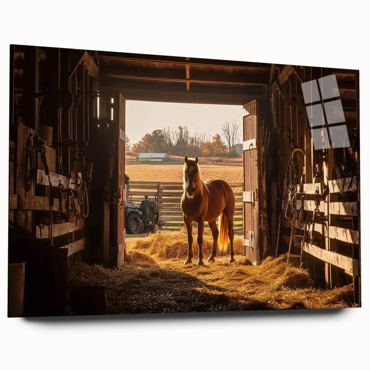 Acrylic glass landscape design showcasing a modern barn with vibrant colors, viewed from the side; ideal for home decor or artistic display.