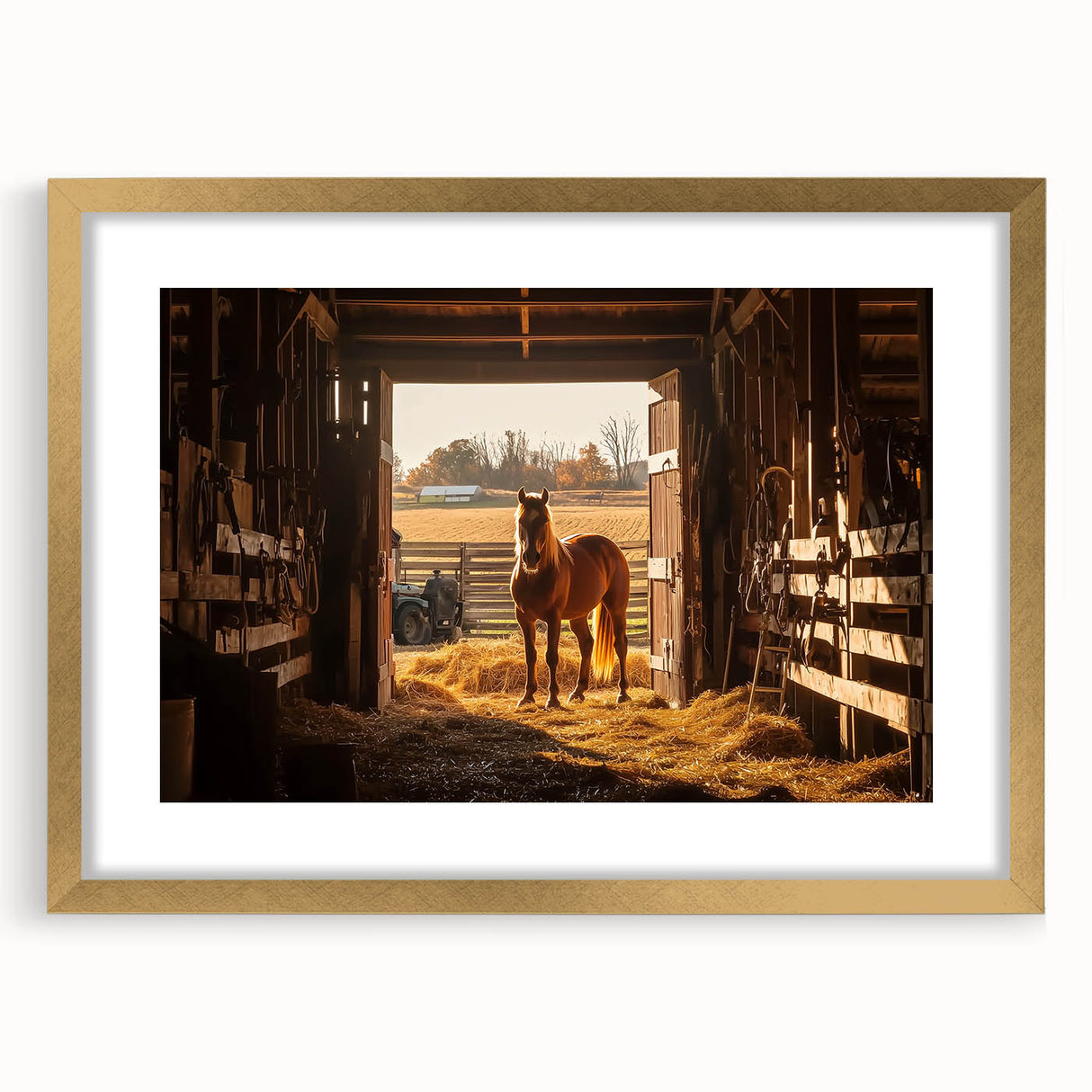 Barn frame design in landscape format with a gold mat, showcasing a rustic aesthetic ideal for home decor. Perfect for displaying artwork or photographs.