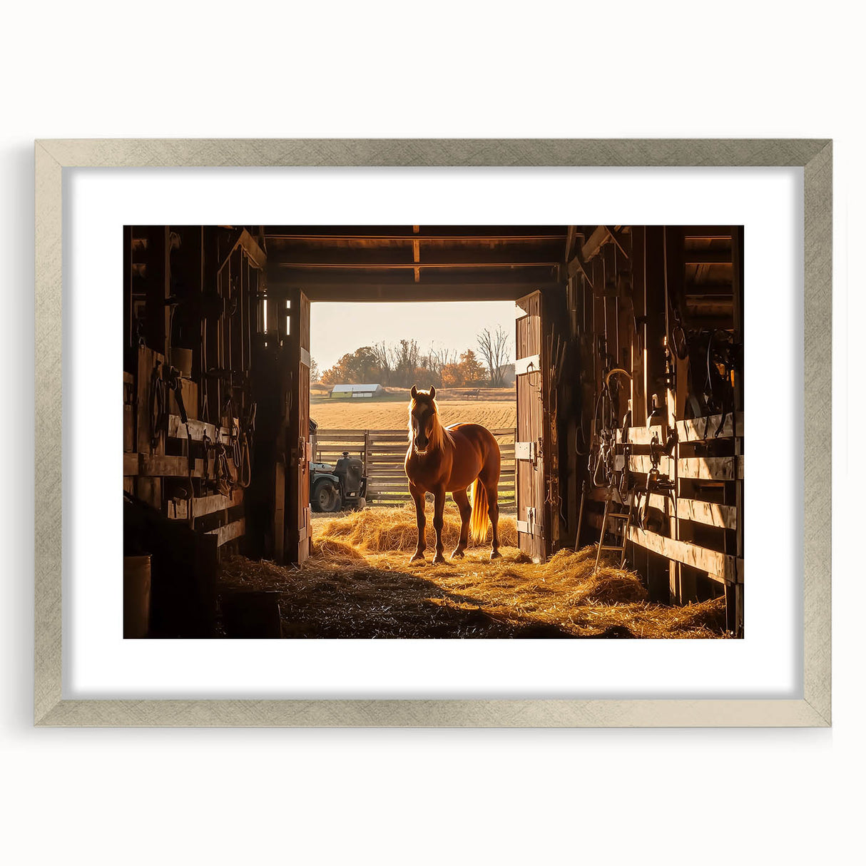 Framed landscape artwork showcasing a barn scene with a silver mat, emphasizing rustic charm and artistic detail, perfect for home decor or office spaces.