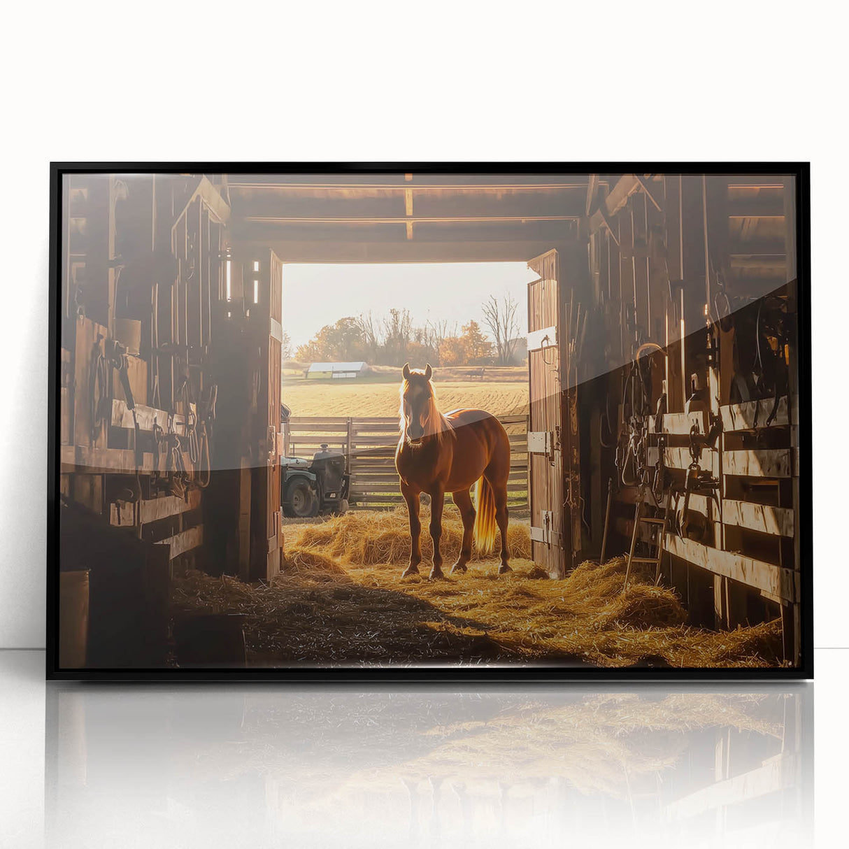 Framed acrylic print showcasing a black barn design in a landscape format, ideal for rustic home decor. The artwork features intricate details and a stylish finish, enhancing any interior space.