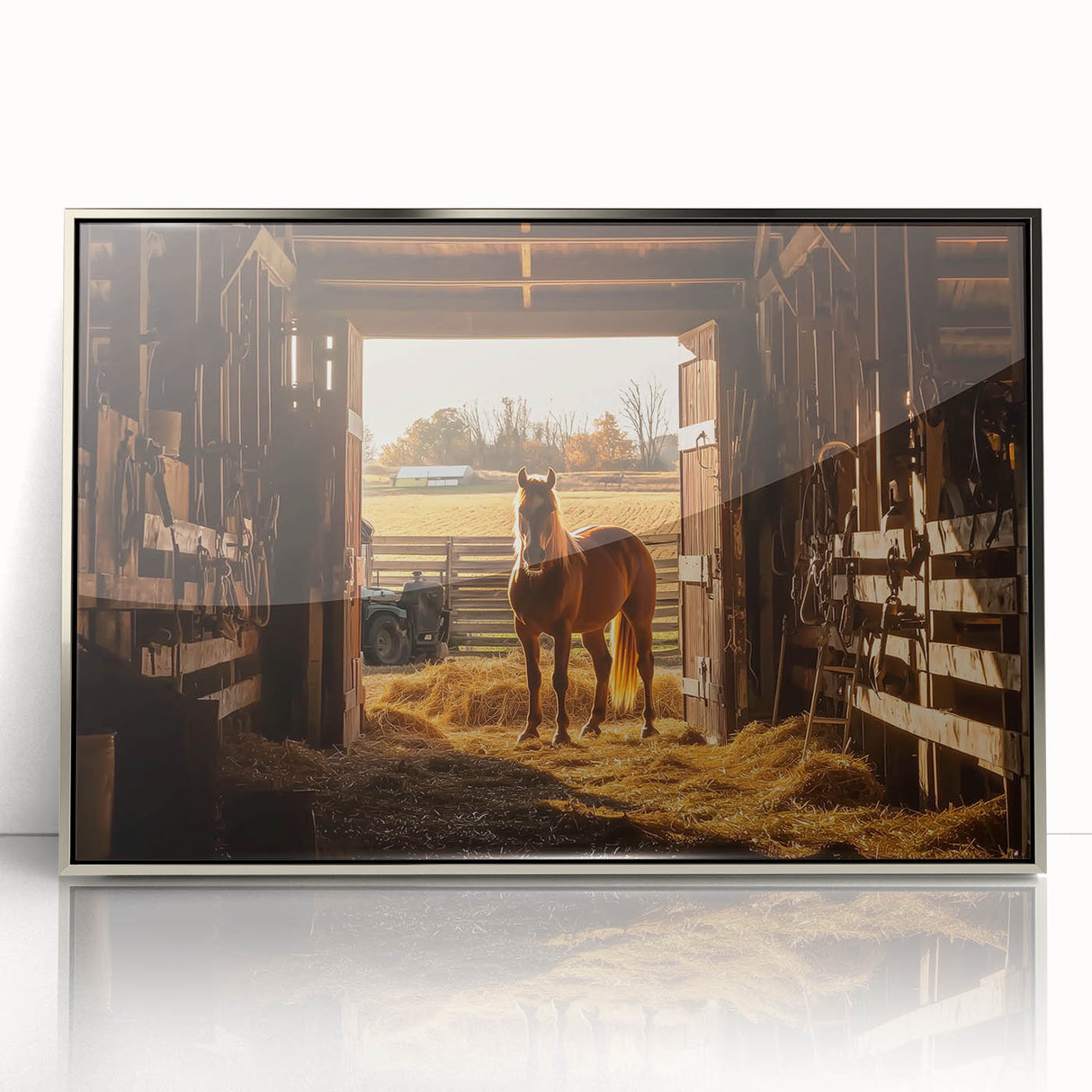 Framed acrylic print showcases a stunning landscape design with vibrant colors, featuring a barn scene under a bright sky, ideal for rustic home decor.