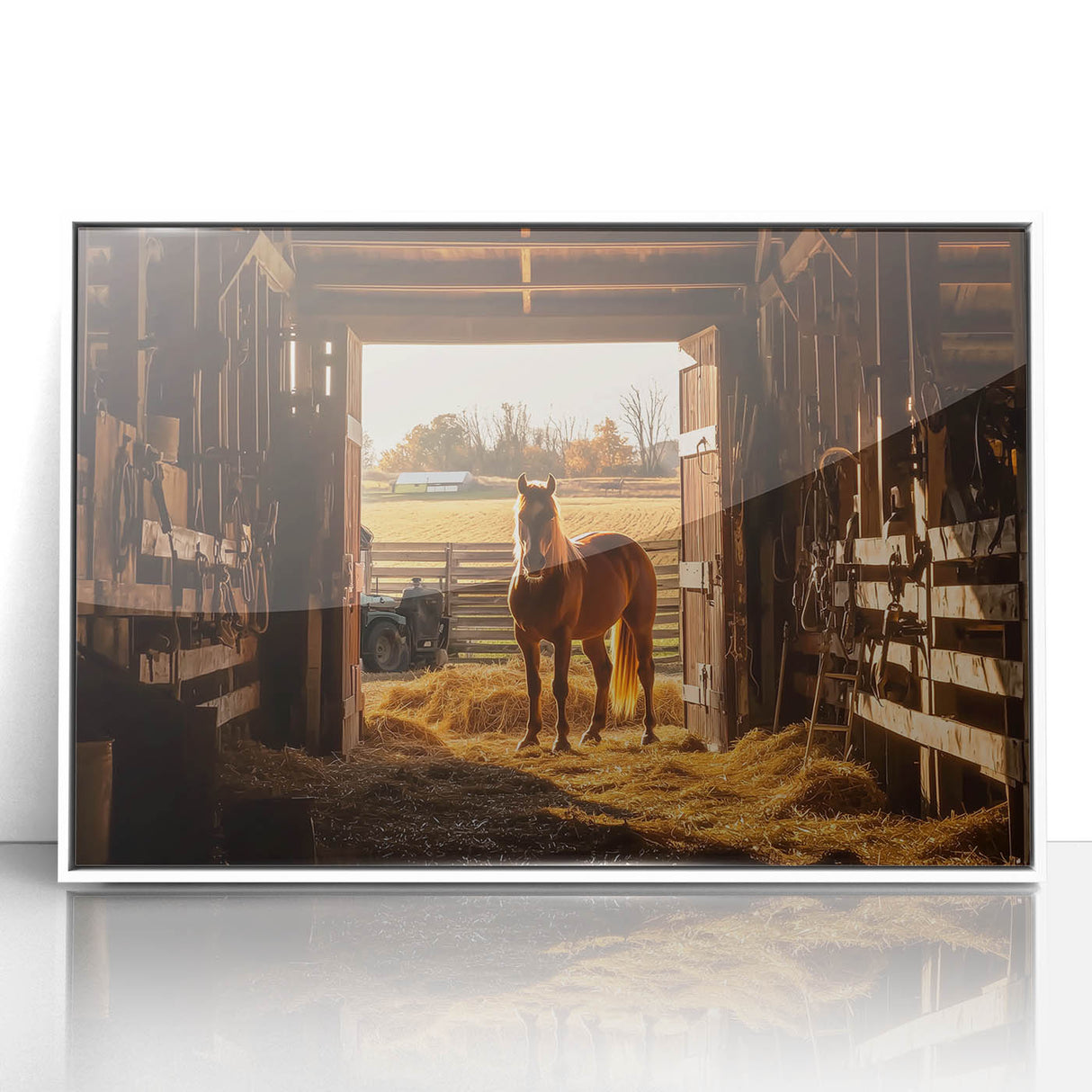 Elegant landscape barn framed acrylic wall art in white showcasing serene rural scenery, perfect for home decor. Ideal for enhancing cozy interiors with a touch of nature.
