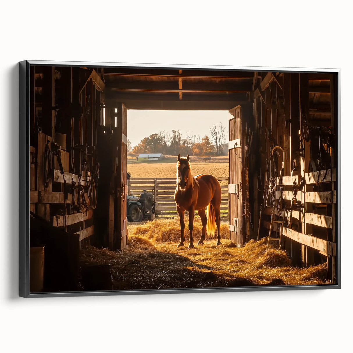 Black-framed landscape barn canvas art showcasing a rustic scene with vibrant colors, perfect for home decor or farmhouse aesthetics, viewed from the side.