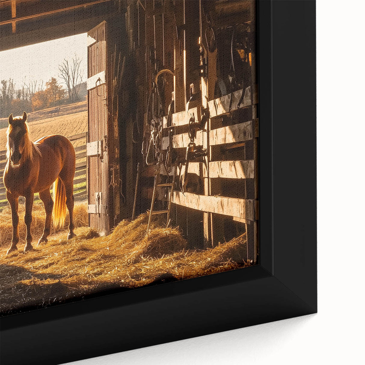 Close-up of a barn-themed framed canvas showcasing a rustic landscape design with vibrant colors and detailed brushwork, ideal for home decor enthusiasts.