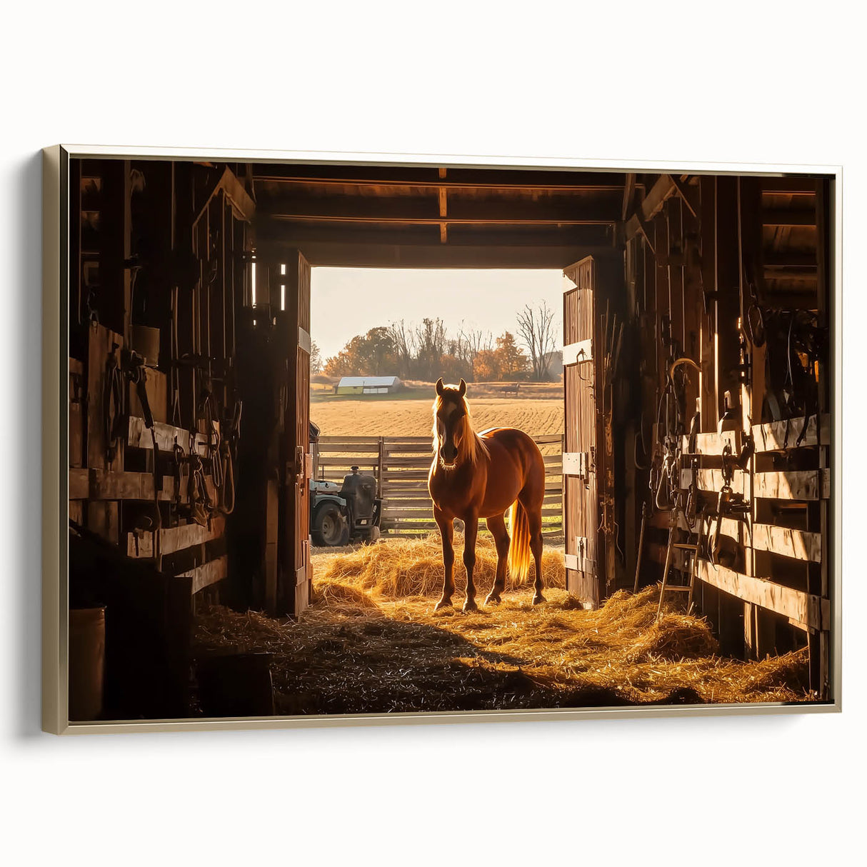 Gold-framed landscape canvas artwork showcasing a serene barn scene, elegantly displayed from the side, ideal for enhancing home decor with rustic charm.