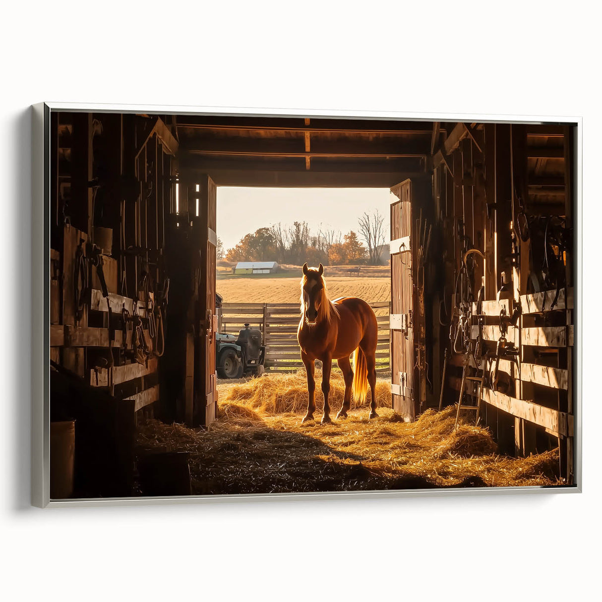 Landscape barn framed canvas print with a silver side view, showcasing vibrant colors and intricate details, perfect for home decor and rustic aesthetics.