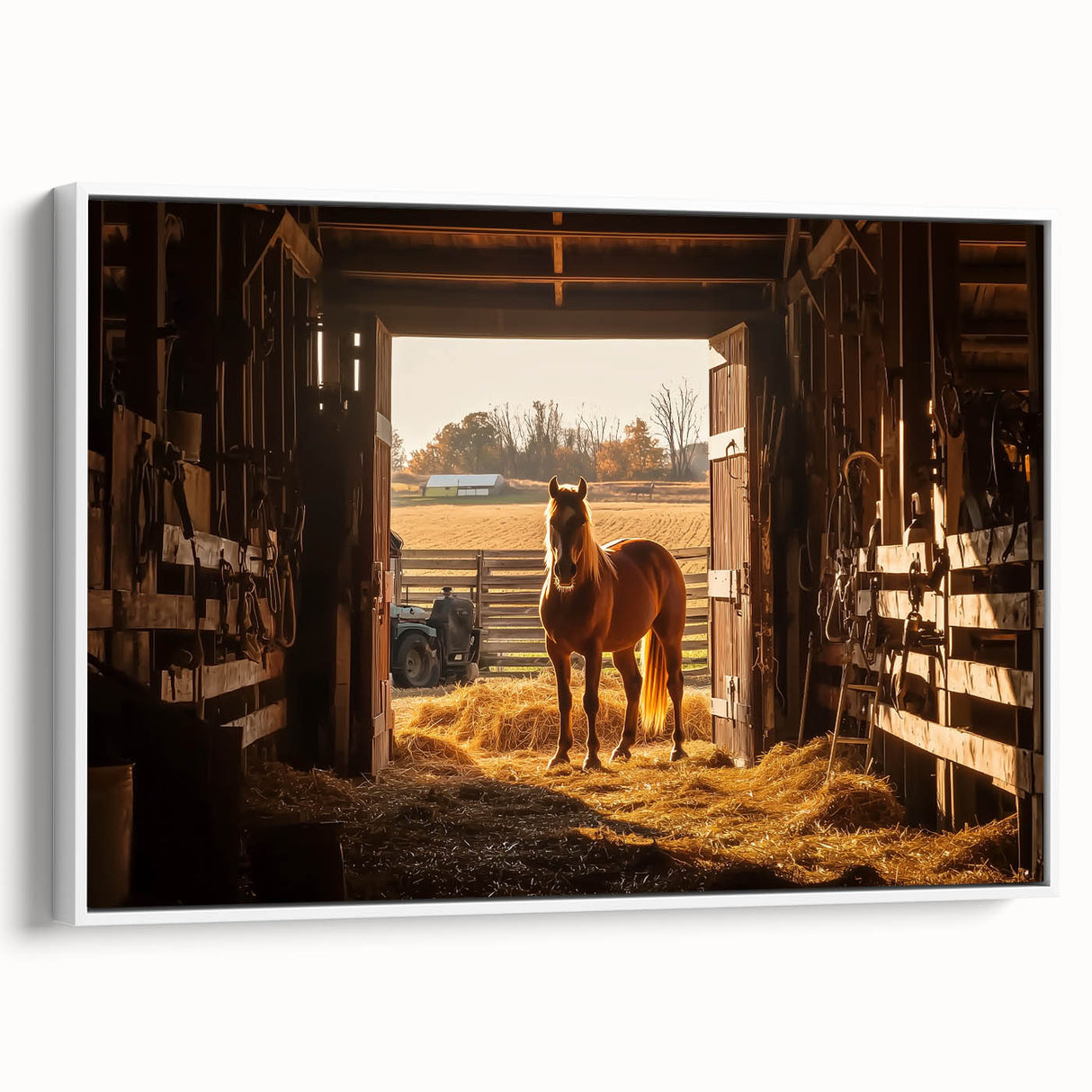 Landscape barn-themed canvas print displayed in a white frame, showcasing rustic charm and natural scenery, perfect for home decor enthusiasts looking to enhance their space with country-inspired art.