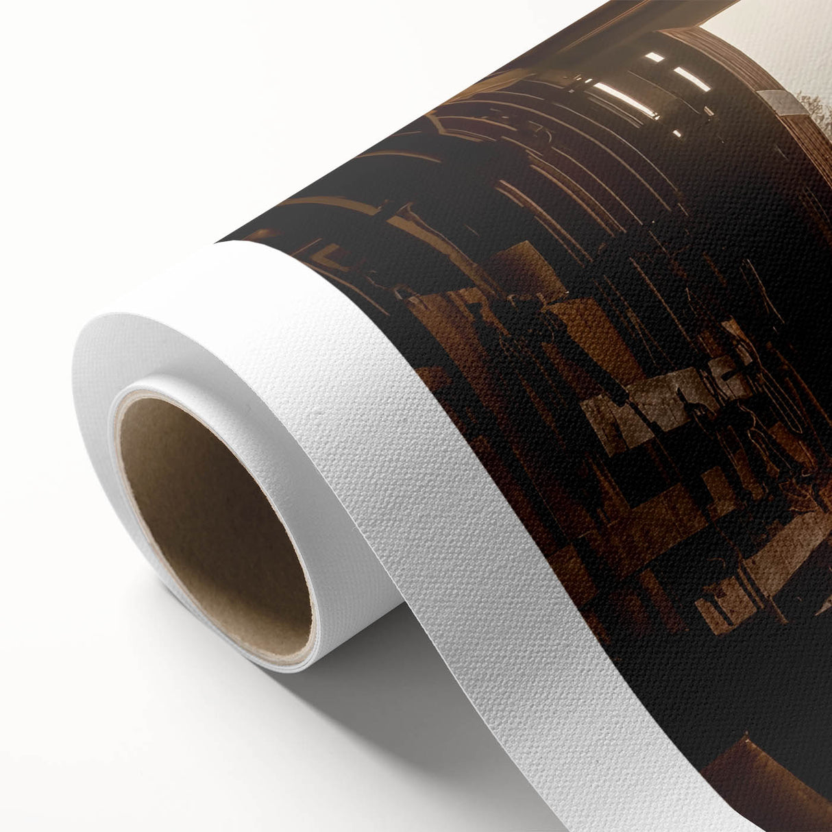 Rolled canvas showcasing a vibrant landscape barn painting with rich colors and textures, securely packaged in a protective cardboard tube for delivery.
