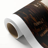 Rolled canvas showcasing a vibrant landscape barn painting with rich colors and textures, securely packaged in a protective cardboard tube for delivery.