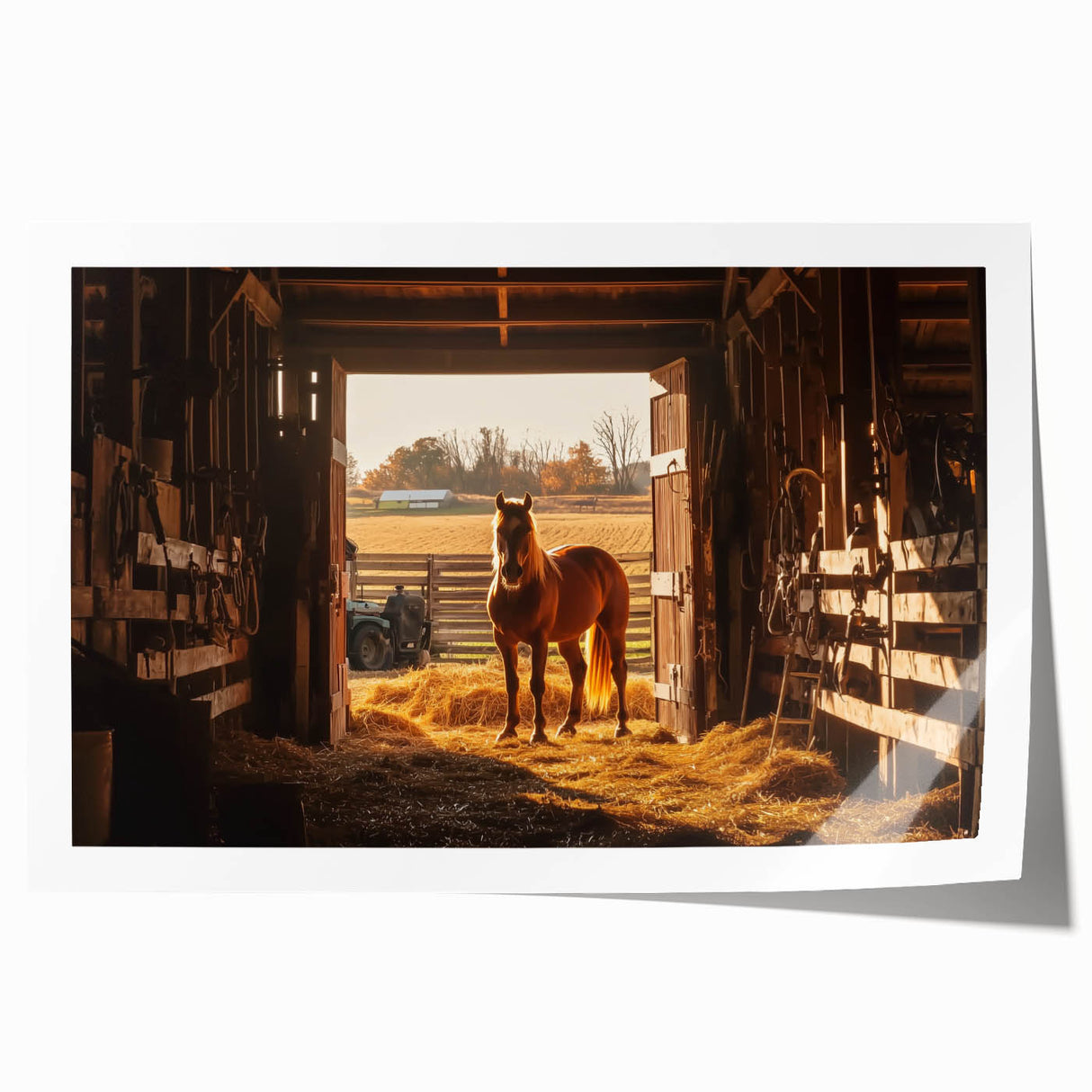 Rolled print showcasing a vibrant landscape of a rustic barn surrounded by lush greenery, expertly packaged in a protective cardboard tube for safe delivery.