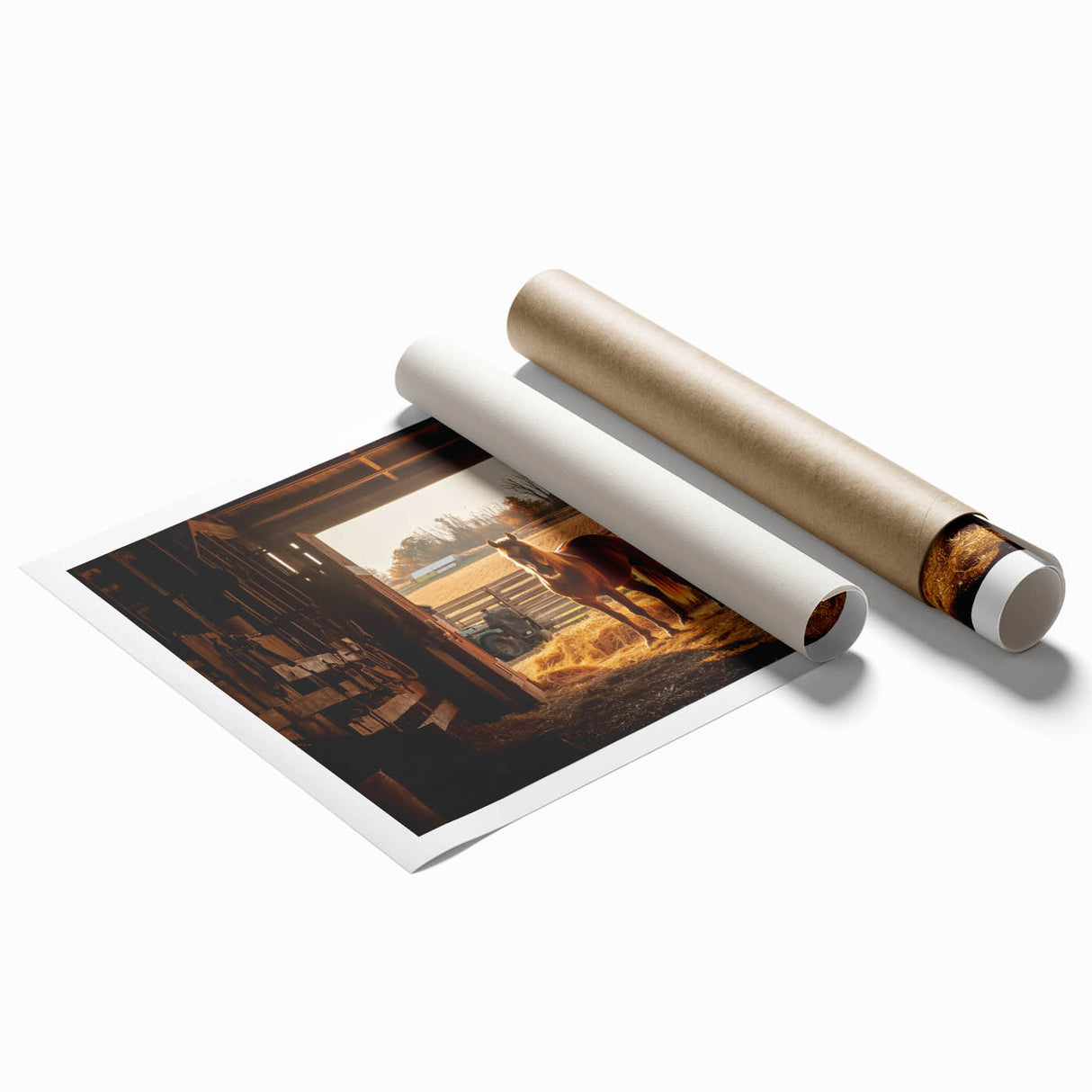 Rustic landscape barn print on rolled canvas, showcasing vibrant colors and detailed textures, ideal for home or office decor. Packaged securely for safe delivery.