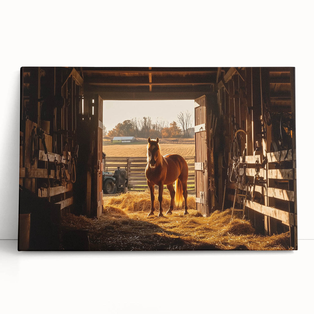 Stretched canvas artwork depicting a serene landscape scene with a rustic barn, featuring vibrant colors and rich textures, ideal for home decor.