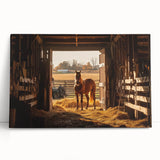 Stretched canvas artwork depicting a serene landscape scene with a rustic barn, featuring vibrant colors and rich textures, ideal for home decor.