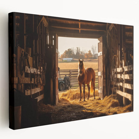 Stretched canvas artwork showcasing a vibrant landscape barn scene with rich colors and intricate details, ideal for rustic home decor or farmhouse aesthetics.