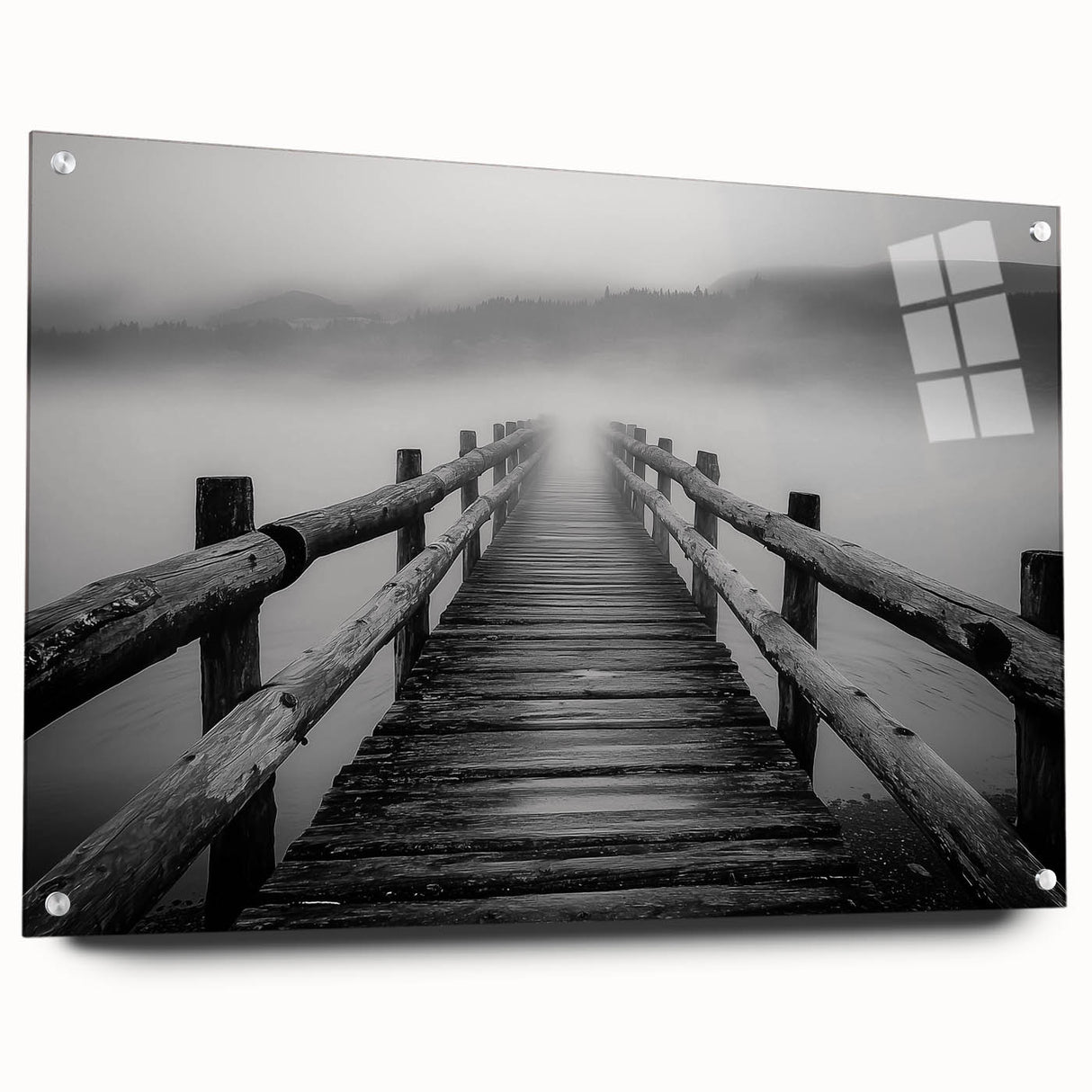 Acrylic landscape bridge model displayed side view, showcasing clear glass and decorative pins, perfect for modern home decor or architectural design enthusiasts.