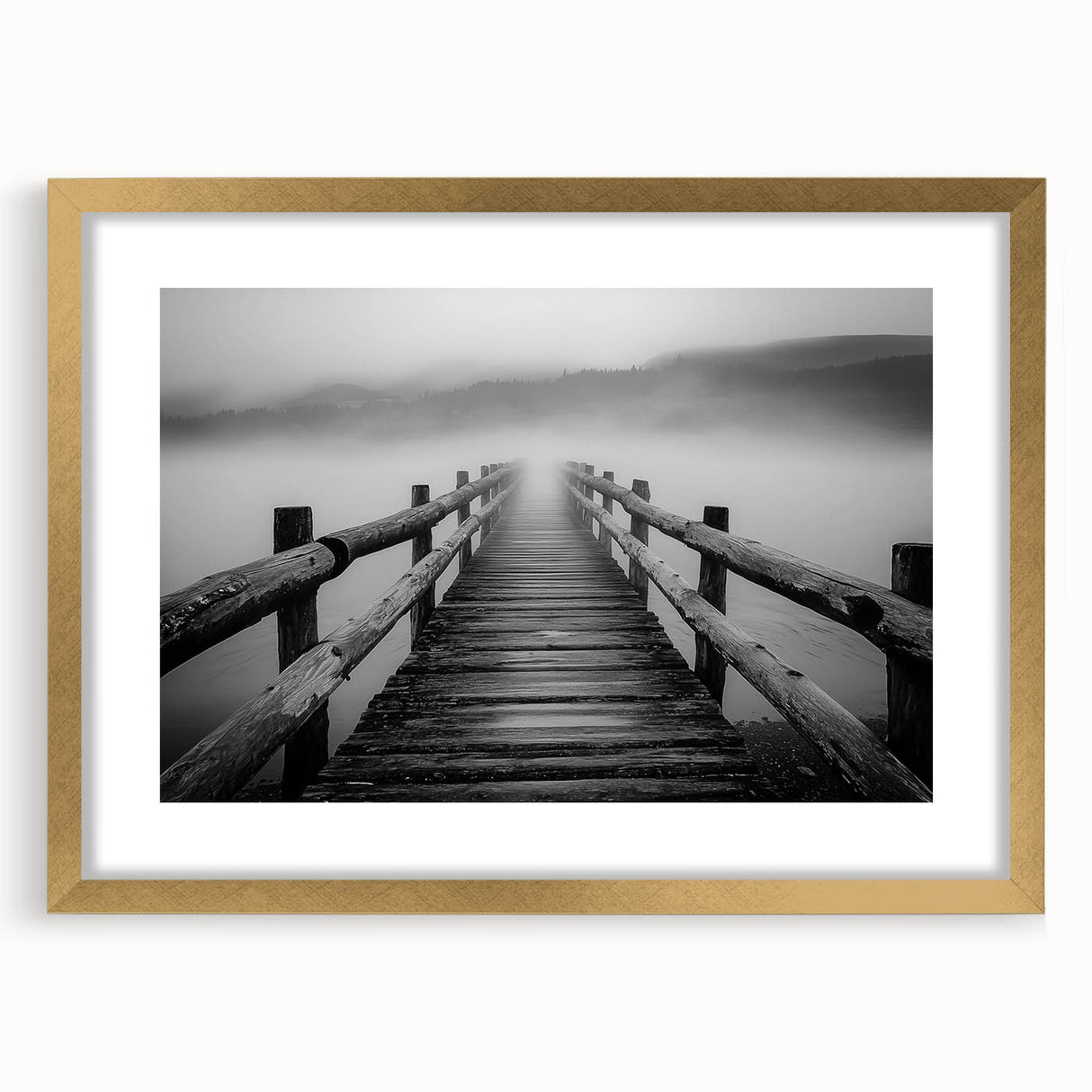 Elegant gold landscape bridge frame with a mat, showcasing a modern design in a front view. Ideal for enhancing home decor or gallery displays.