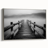 Framed canvas artwork depicting a serene landscape bridge scene, accentuated with a sleek silver frame, ideal for home decor and enhancing interior aesthetics.