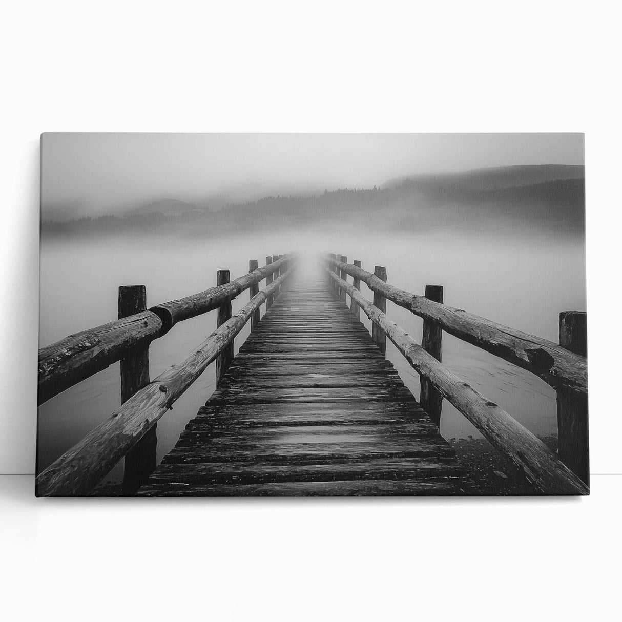 Stretched canvas artwork depicting a serene landscape with a wooden bridge over a tranquil river, showcasing vibrant colors and natural scenery, perfect for home decor.
