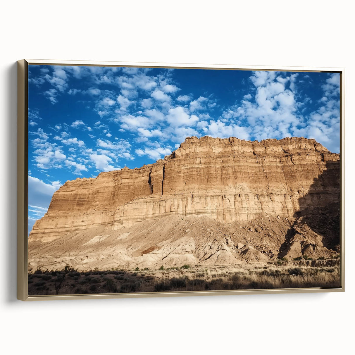 Framed canvas artwork depicting a stunning landscape of canyons, featuring a gold side profile, perfect for adding a touch of elegance to home decor. This piece enhances interior spaces with its vibrant colors and intricate details, ideal for art enthusiasts and nature lovers.