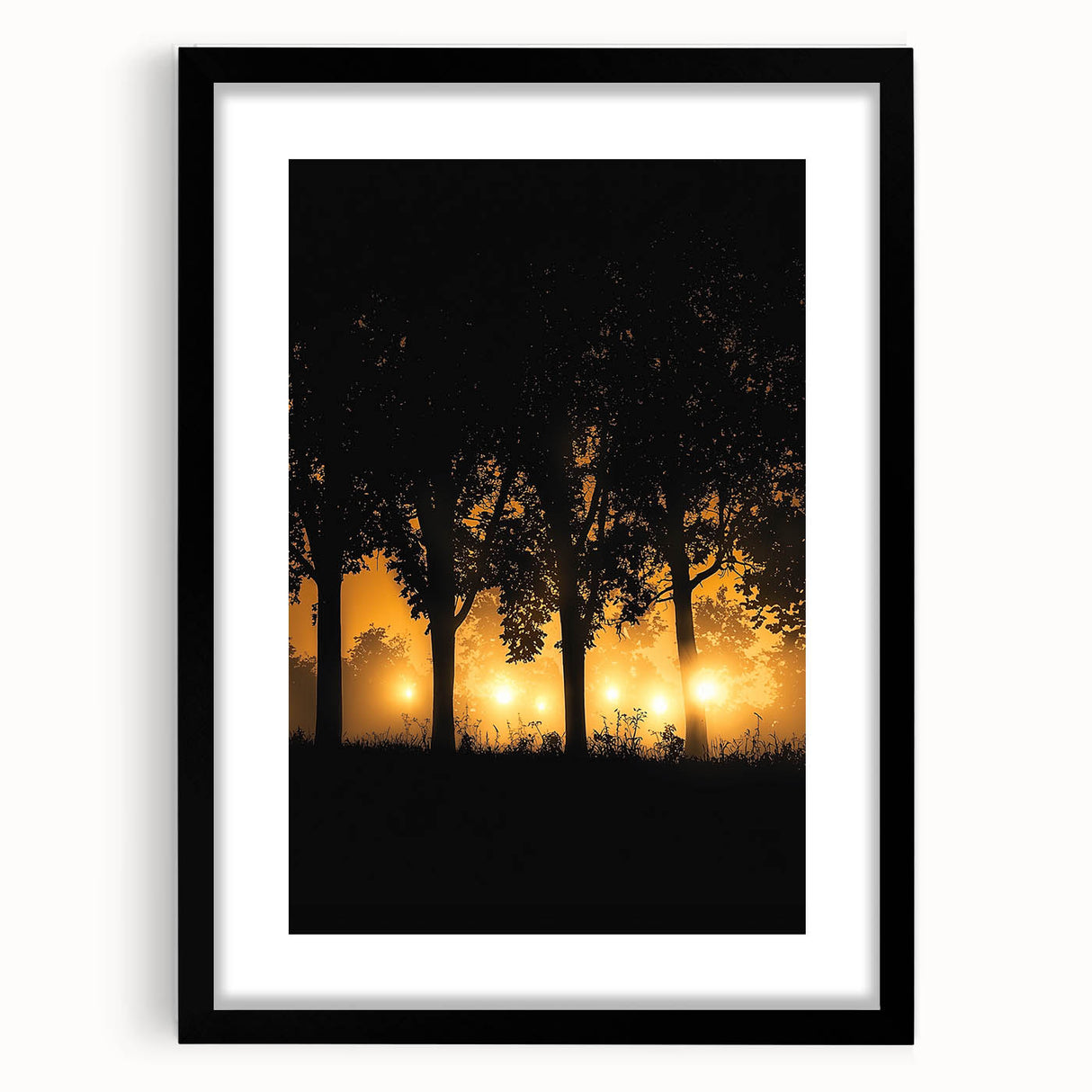 Black-framed landscape artwork featuring a serene countryside scene with vibrant greenery and a clear blue sky, ideal for home decor or office settings.