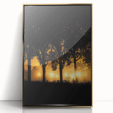 Framed acrylic landscape artwork showcasing a serene countryside scene with vibrant green fields and a golden frame, perfect for home decor.