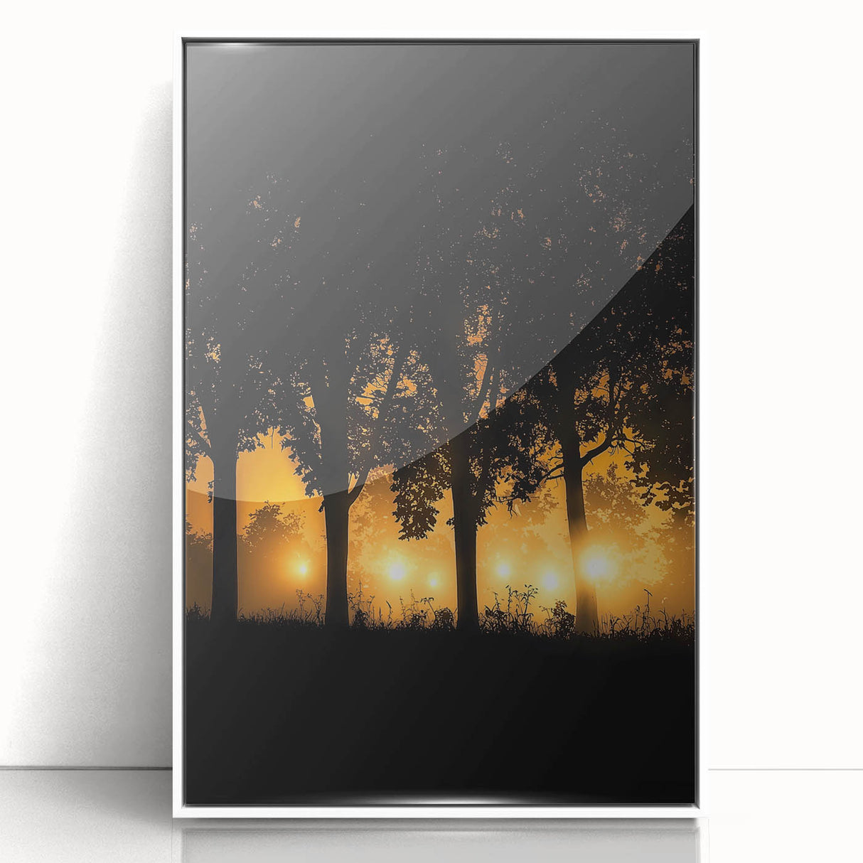 Framed acrylic artwork showcasing a serene countryside landscape with vibrant greenery and a clear blue sky, presented in a sleek white frame for a modern aesthetic. Perfect for home decor enthusiasts seeking nature-inspired art.