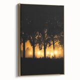 Framed canvas artwork depicting a serene countryside landscape with rolling hills and lush greenery, accented by a gold frame, ideal for home decor or office settings.
