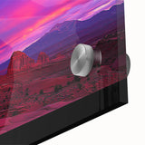 Close-up of a vibrant desert landscape design on acrylic glass, showcasing rich colors and intricate details, ideal for modern home decor or artistic displays.