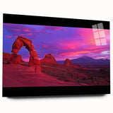 Desert landscape acrylic wall art piece showcasing vibrant hues of orange, yellow, and blue, framed in glass for a modern aesthetic, perfect for home decor.