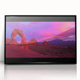 Framed acrylic artwork showcasing a vibrant desert landscape, featuring warm tones of orange and yellow with a sleek black frame, ideal for modern home decor.