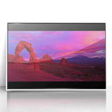 Framed acrylic artwork showcasing a vibrant desert landscape, featuring warm tones of orange and yellow, set in a sleek white frame, perfect for modern decor.