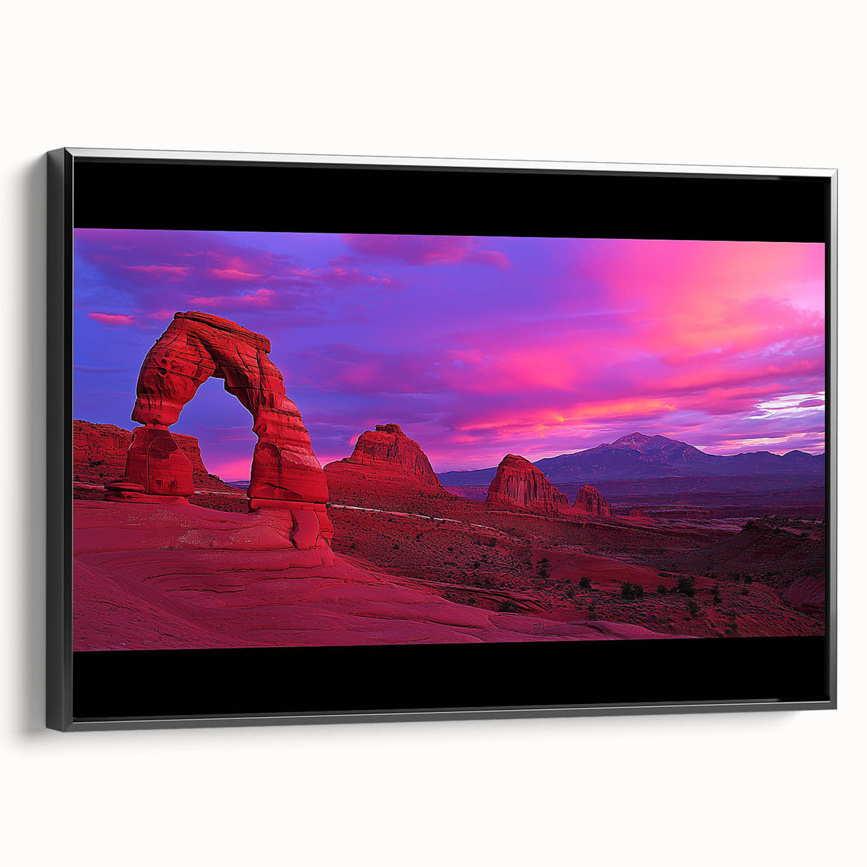 Framed black canvas showcasing a vibrant desert landscape with warm hues of orange and yellow, perfect for enhancing modern home decor or office spaces. Ideal for art lovers seeking unique wall art that evokes a sense of tranquility and adventure.