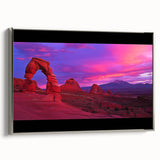 Silver-framed canvas artwork depicting a stunning desert landscape with vibrant colors and intricate details, ideal for enhancing modern home decor. Perfect for art enthusiasts seeking a serene ambiance.