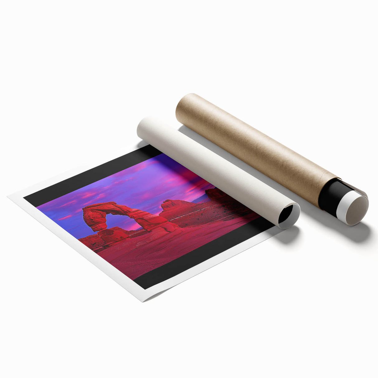 Desert landscape rolled print showcasing vibrant hues of orange and yellow, expertly capturing the serene beauty of arid terrain, packaged securely in a protective tube.
