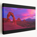 Desert landscape stretched canvas artwork showcasing vibrant sunset hues, featuring cacti silhouettes and textured details, ideal for modern home decor.