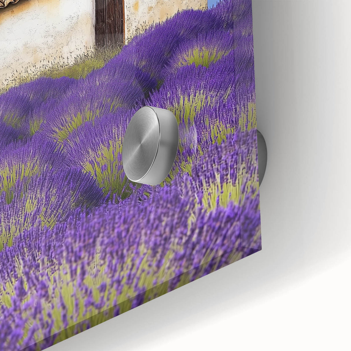 Close-up of an acrylic glass artwork depicting vibrant green fields under a blue sky, showcasing intricate details and textures, perfect for modern home decor.