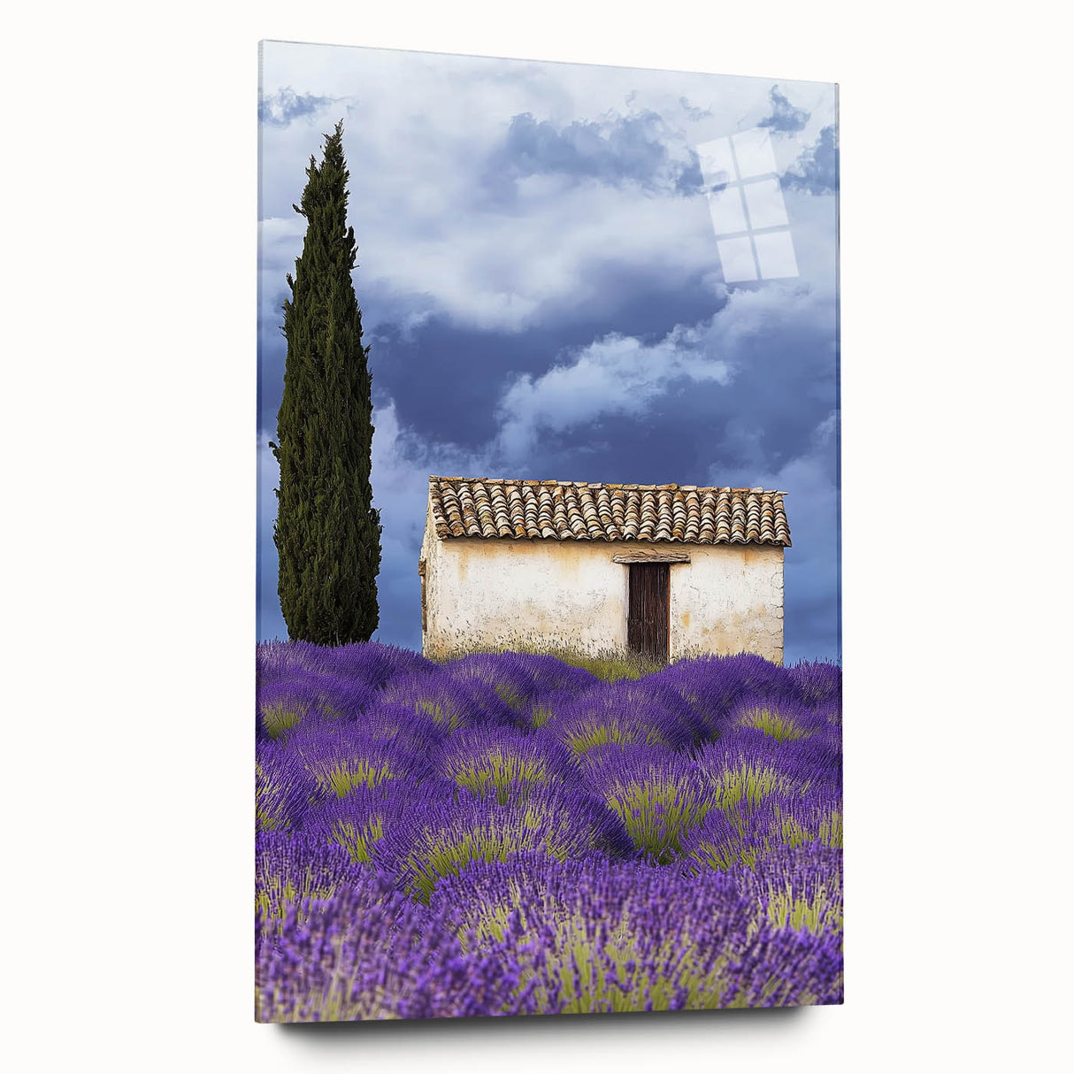 Acrylic glass artwork depicting a vibrant landscape with lush green fields, showcasing a serene blue sky. Ideal for modern home decor and artistic displays.