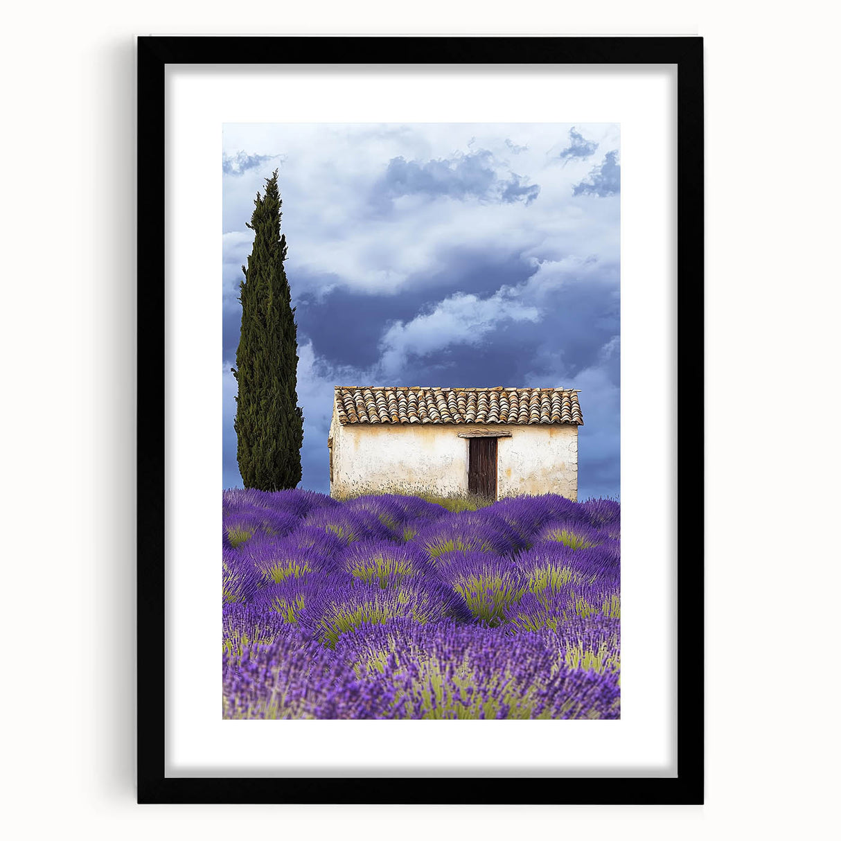 Black-framed landscape art print featuring vibrant green fields and a serene sky, presented with a white mat for an elegant finish, ideal for home decor.