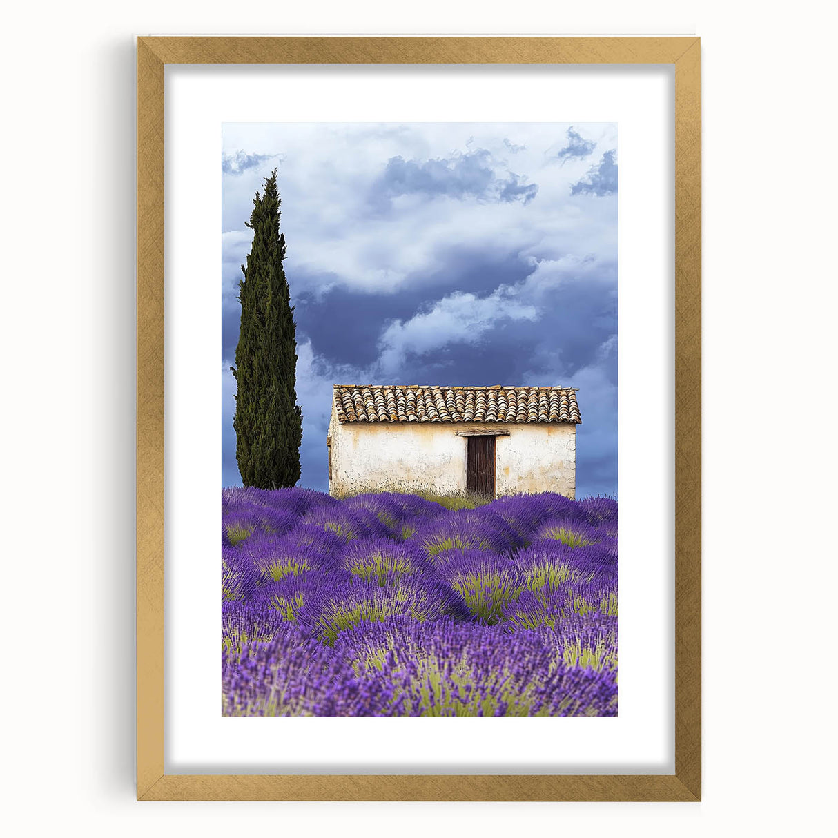 Gold-framed landscape artwork showcasing vibrant fields and serene skies, elegantly matted for a sophisticated presentation, perfect for home decor enhancement.