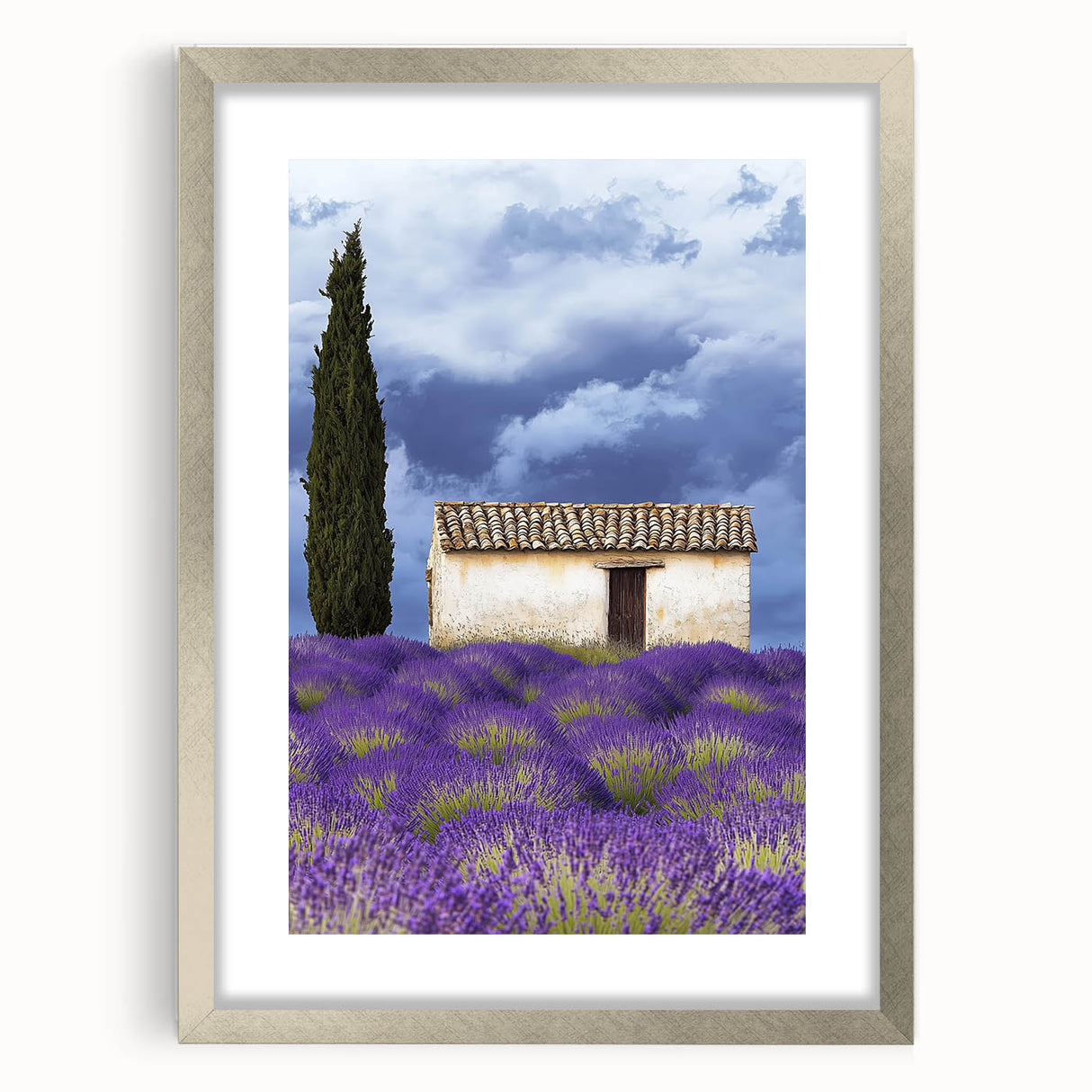 Framed landscape artwork showcasing a serene field scene with vibrant green grass and a silver mat border, perfect for home decor and interior design enthusiasts.