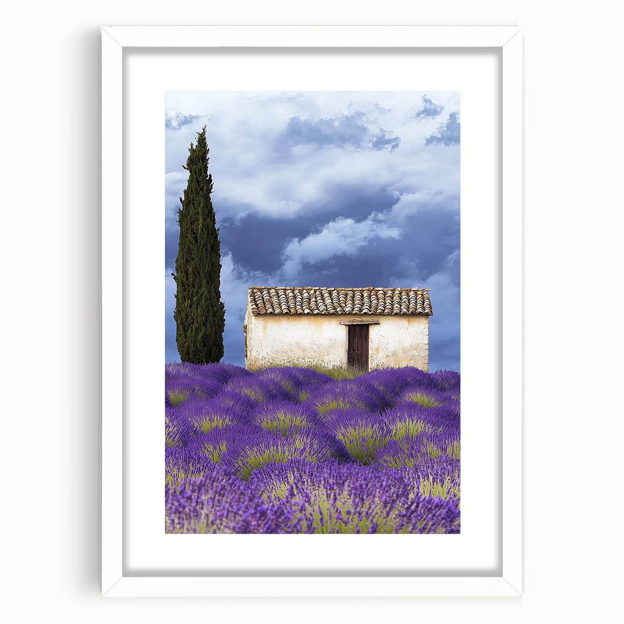 Framed landscape art print featuring vibrant green fields and a serene blue sky, presented in a sleek white mat for an elegant display. Perfect for home decor.