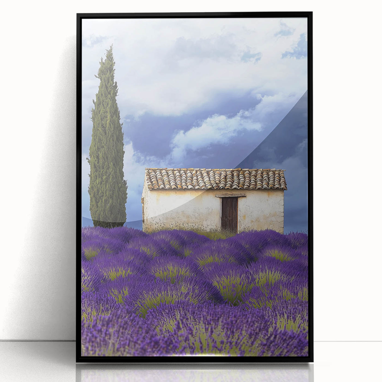 Framed acrylic artwork displaying a vibrant landscape with lush green fields and a bright blue sky, elegantly showcased with a sleek black frame, ideal for home decor.