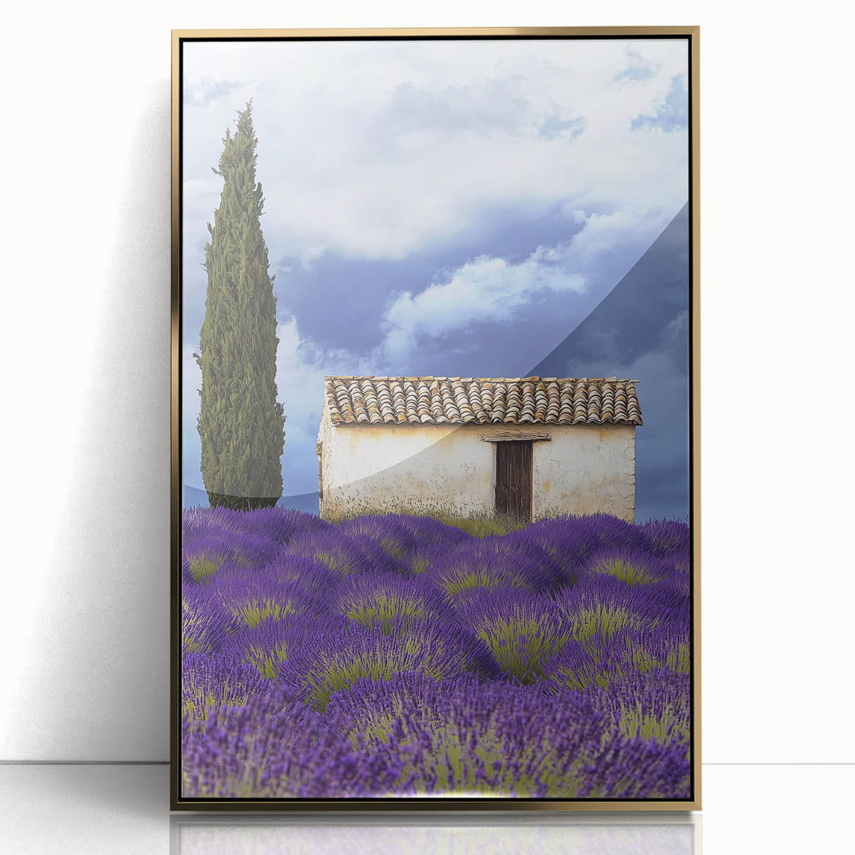 Framed acrylic artwork showcasing a vibrant landscape field with golden hues, elegantly displayed from the front. Ideal for modern home decor enthusiasts seeking nature-inspired elegance.