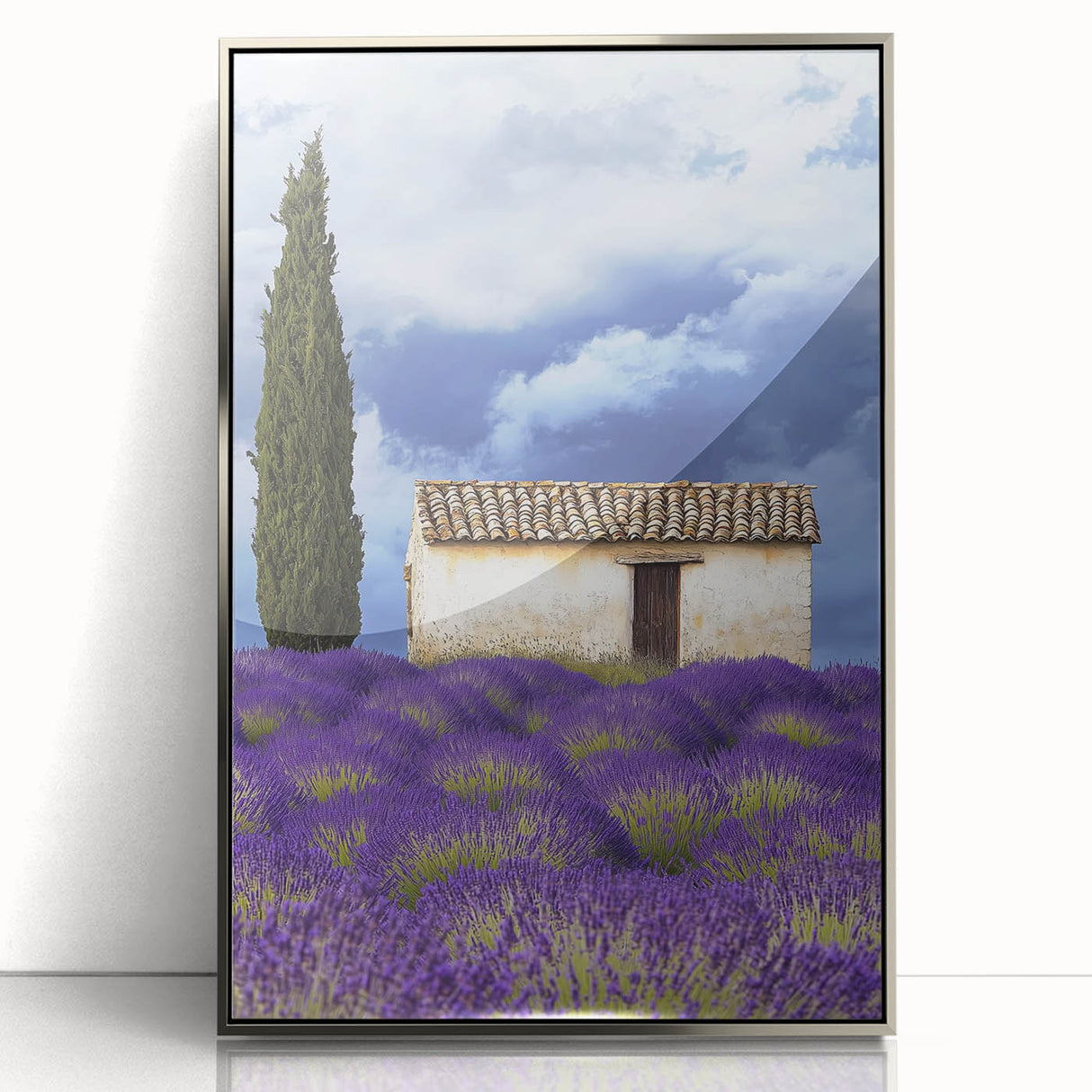 Framed acrylic artwork showcasing a vibrant landscape with expansive green fields under a bright blue sky, elegantly displayed from a front view. Ideal for home décor.
